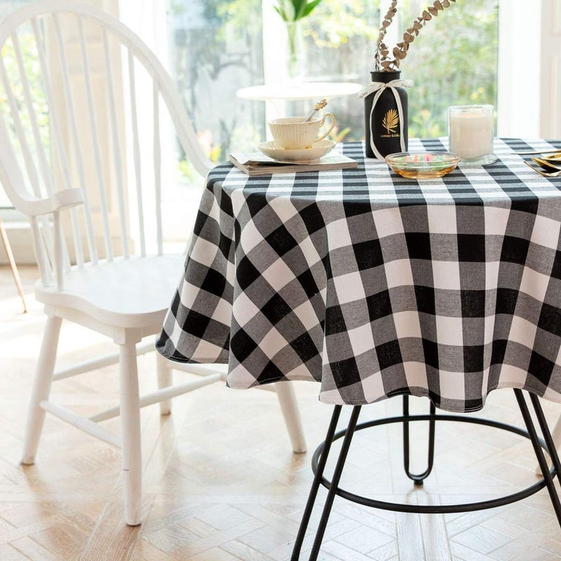 Gleamique Buffalo Plaid Round Tablecloth Checkered Cotton Linen Table Cover for Kitchen Dining Room Home Decor ( Round - 48 Inch, White & Black ) - Image 5